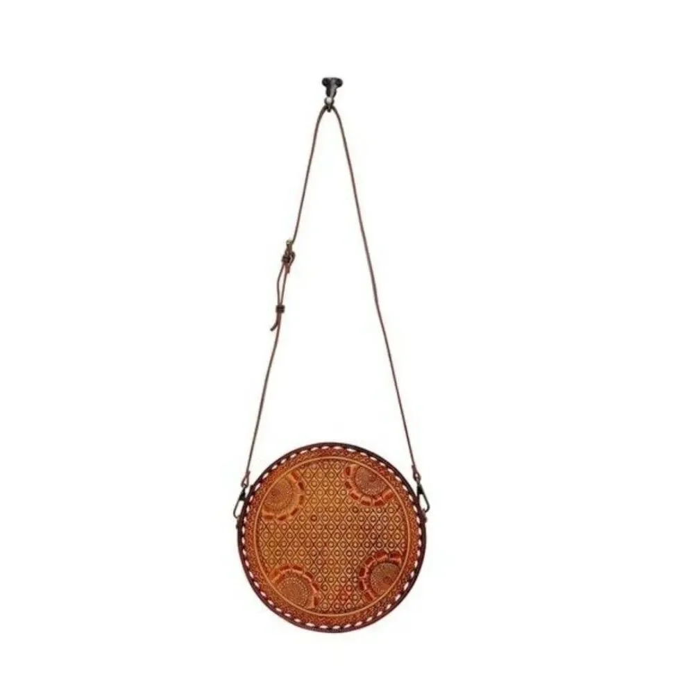 Myra Bag Handmade Lily Bloom Round Bag Upcycled Canvas & Cowhide Leather